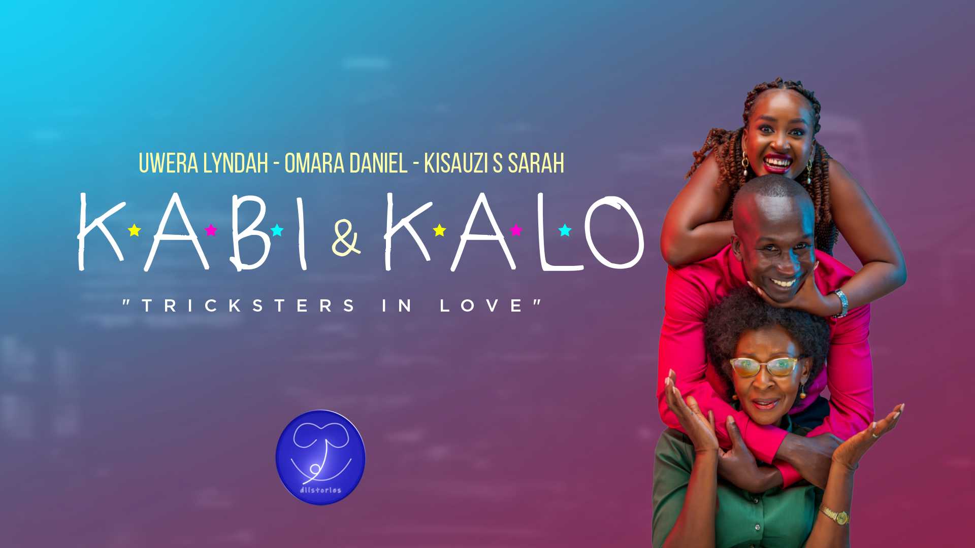 Poster of a Comedy TV Series, Kabi and Kalo, with th slugling Tricksters in Love, and a photo of three African people, an old woman, a young woman, and a middle-aged man, one ontop of the other