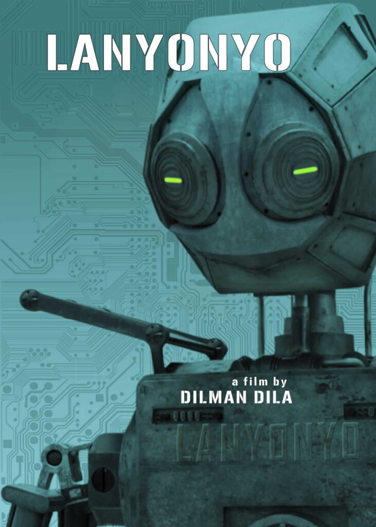 Poster of a short film, featuring a robot with an African-mask inspired face. The text read Lanyonyo, a film by Dilman Dila