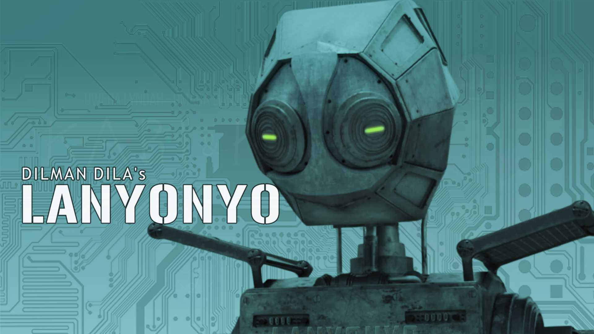 Poster of a short film, featuring a robot with an African-mask inspired face. The text read Lanyonyo, a film by Dilman Dila