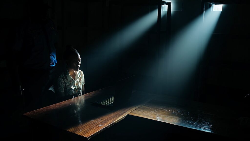 A noir film scene, a woman sits in a dark room, the only light coming from two small windows creating god rays.