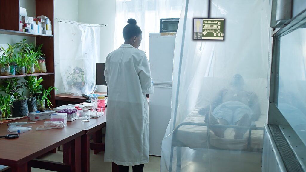 A scientist in a lab coat inside a genetic laboratory, in a film studio set constructed in Kampala.